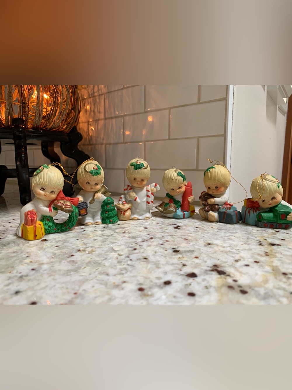 Holiday Cherub Ornament Set - Vintage Blonde Angel Figurines in White & Green
